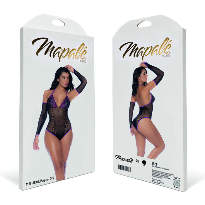 Mapalé Ensemble Body Résille Avec Dentelle Noir Et Violet