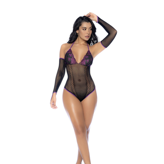 Mapalé Ensemble Body Résille Avec Dentelle Noir Et Violet