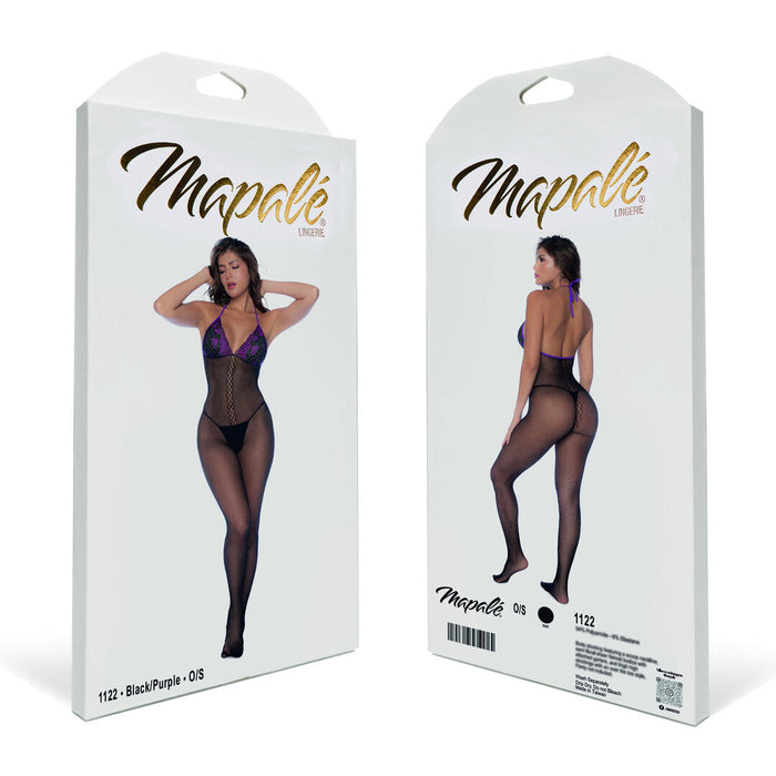 Mapalé Ensemble Bodystocking Résille Avec Dentelle Noir Et Violet