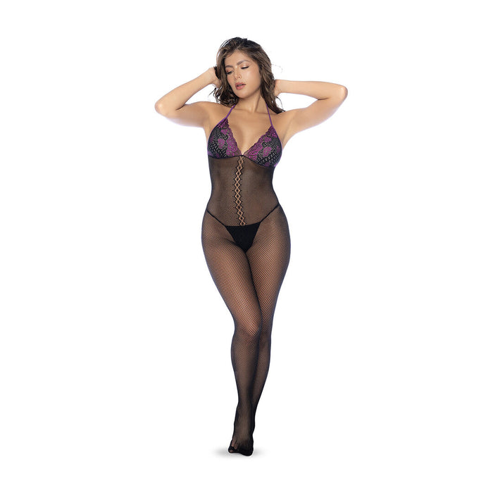 Mapalé Ensemble Bodystocking Résille Avec Dentelle Noir Et Violet