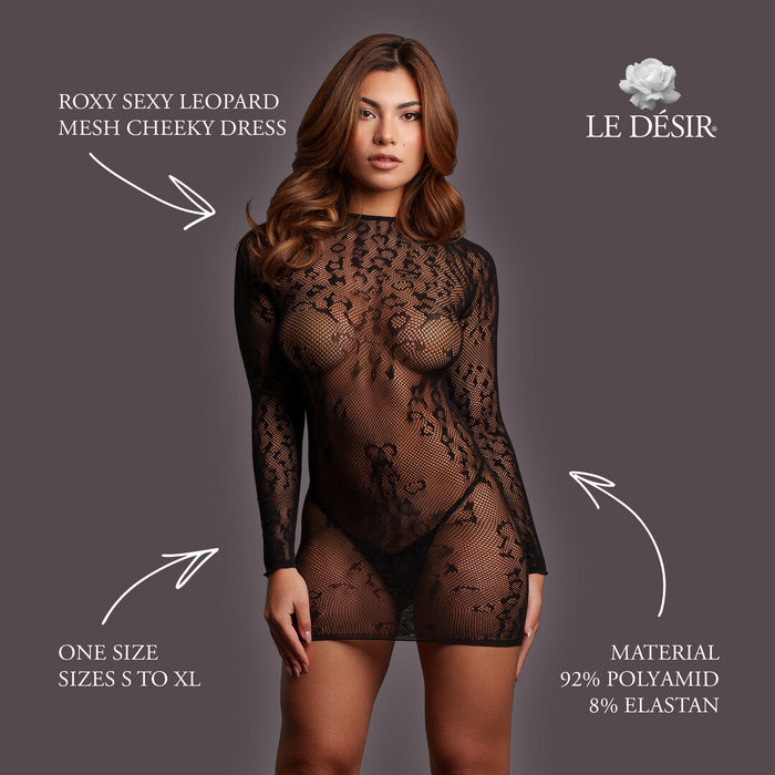 Le Désir Robe Noire En Mesh Léopard à Manches Longues