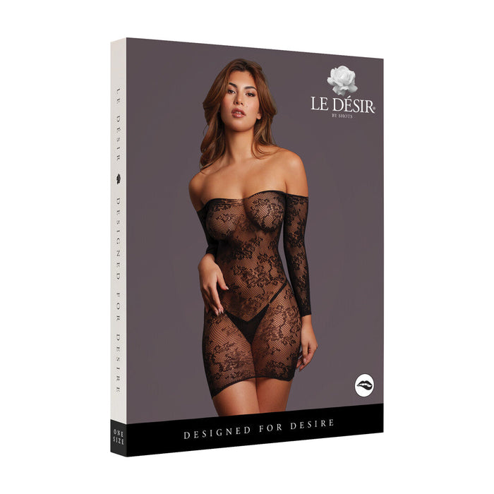 Le Désir Mini Robe Noire En Dentelle à Manches Longues