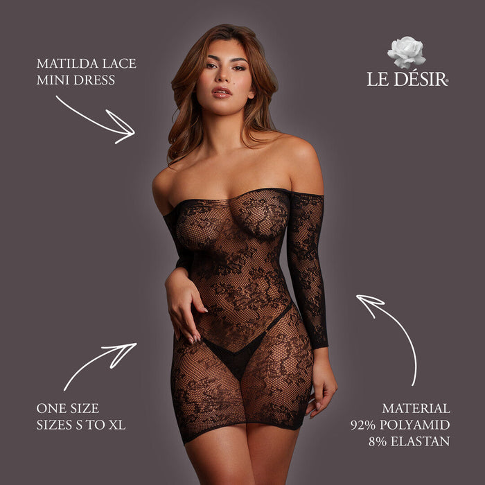Le Désir Mini Robe Noire En Dentelle à Manches Longues